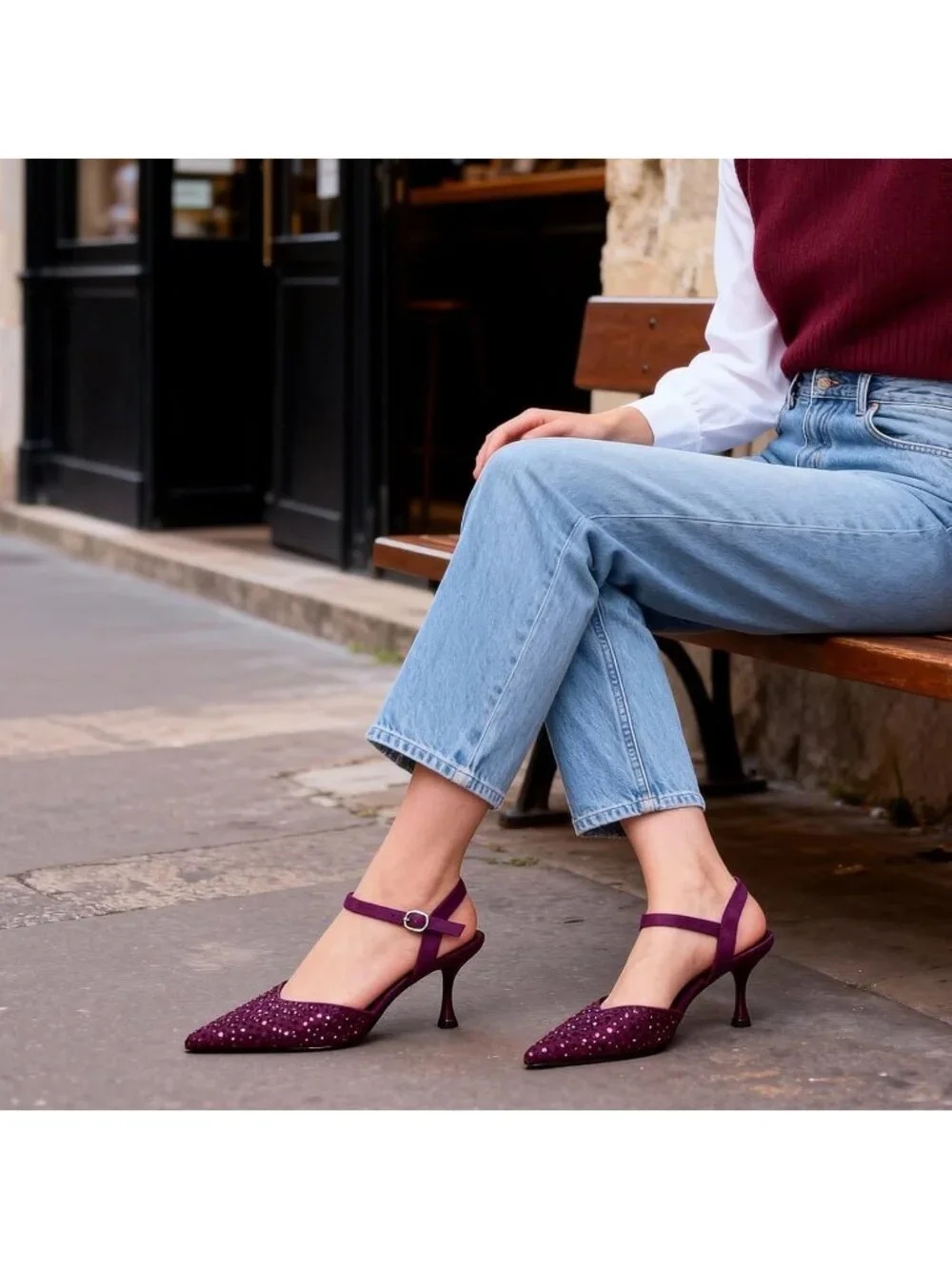 Women Burgundy Rhinestone Slingback Kitten Pointed Closed Toe Pump Stiletto Heel